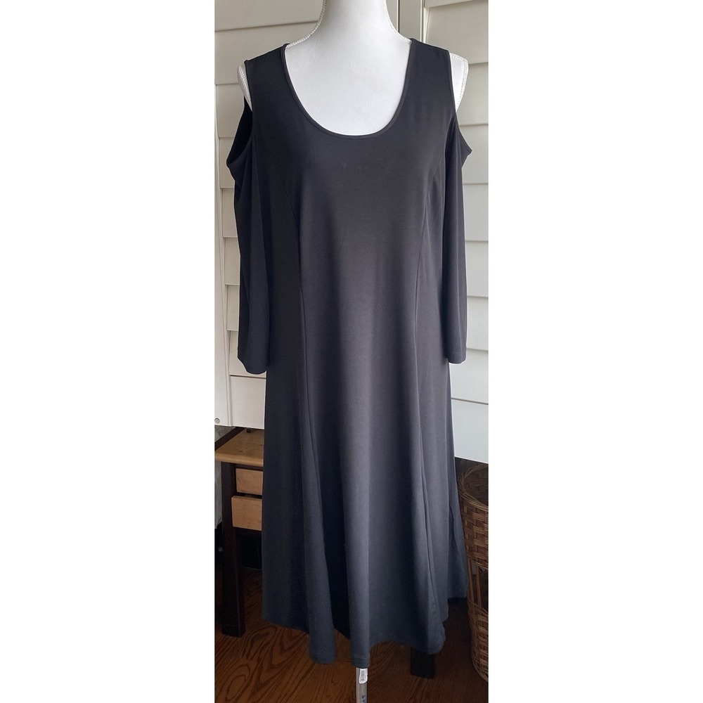 Susan Graver Women L 3/4 Sleeve Cold Shoulder Liquid Knit Dress Black Scoop Neck